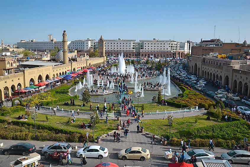 City park with fountains in the center of the old city of Erbil, Iraq. 