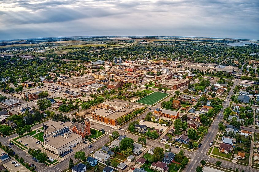 An aerial view of Jamestown, North Dakota, highlighting the town's layout and its proximity to Interstate 94.