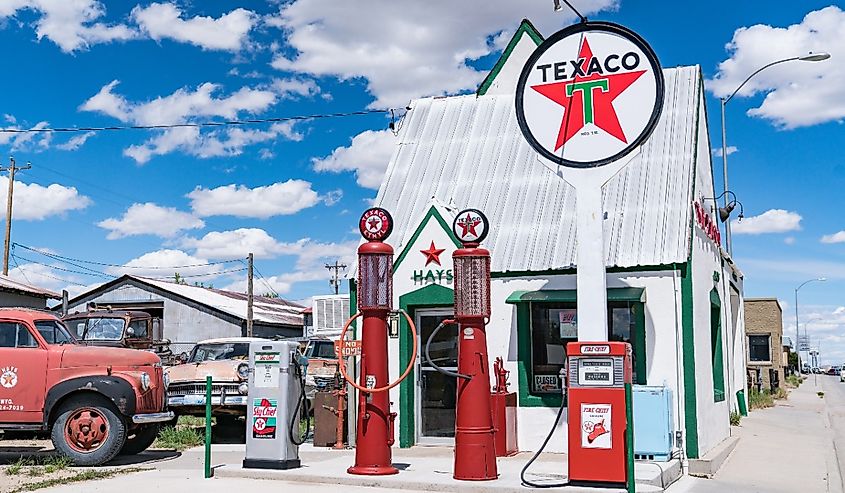 Old Texaco gas station along the highway in Rawlins, Wyoming