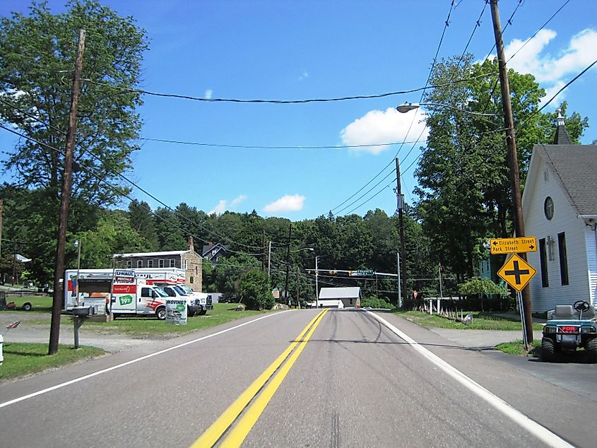 Eastbound view of U.S. Route 6 in the village of White Mills, Texas Township, Wayne County, Pennsylvania, taken between Evergreen Street and Elizabeth Street/Park Street.