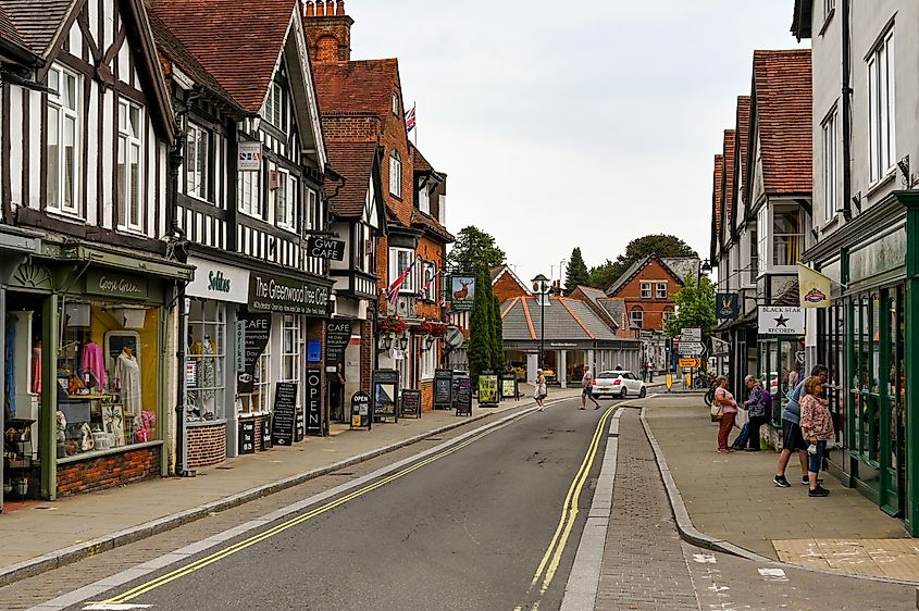 Shops in the main street of Lyndhusrt in the New Forest.