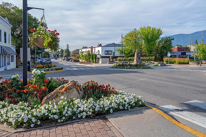 Summer view of downtown Invermere, British Columbia.