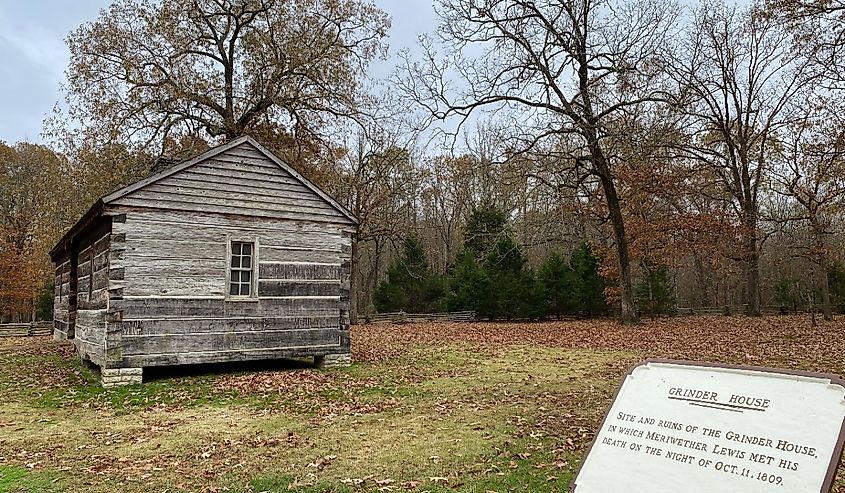 Log cabin marks the site of Grinder’s Stand where Meriwether Lewis died while traveling on the Natchez Trace.