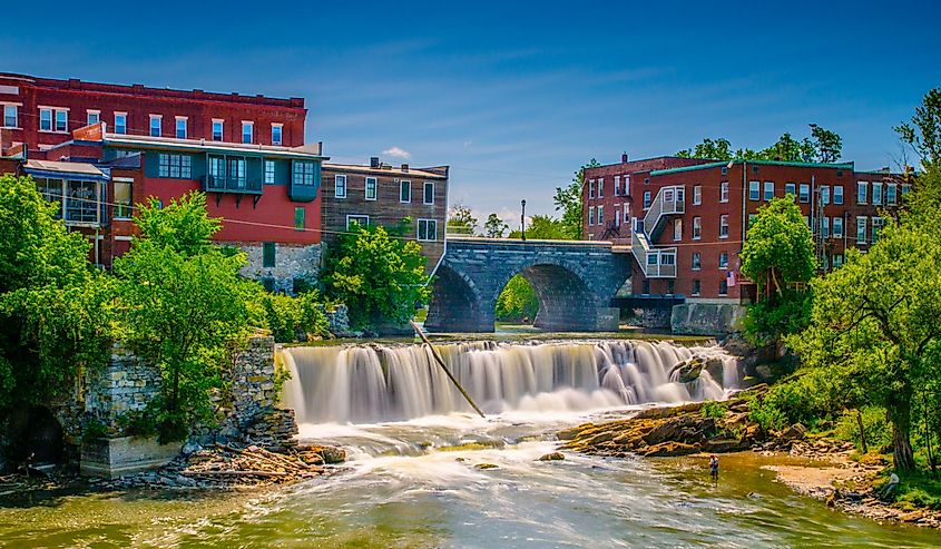 Otter Creek and Middlebury Falls in Middlebury, Vermont.