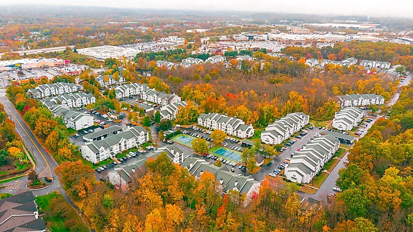 Aerial view of vibrant fall colors in Manchester, Connecticut.