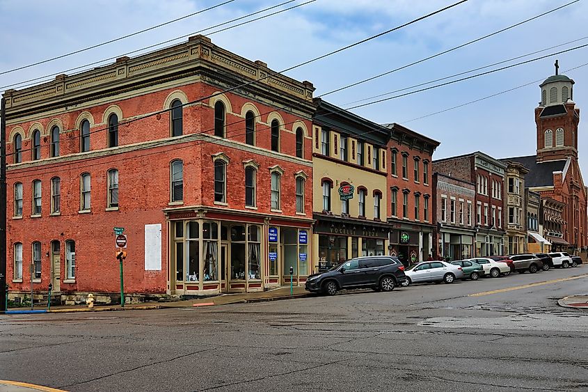 Rustic buildings in the town of Wheeling, West Virginia.