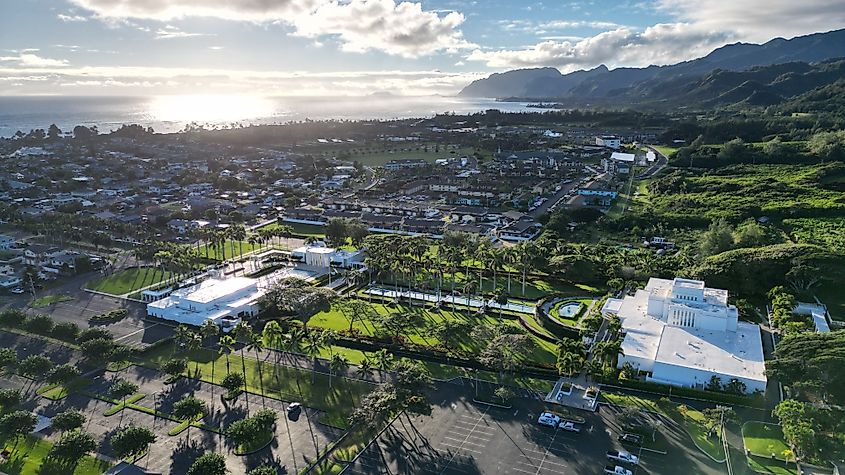 Aerial view of the Laie Temple in Hawaii.