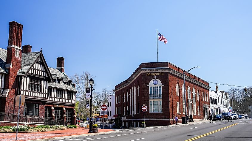 Westport, Connecticut, USA: View of Church Lane on a beautiful spring day with Patagonia and Anthropologie stores.