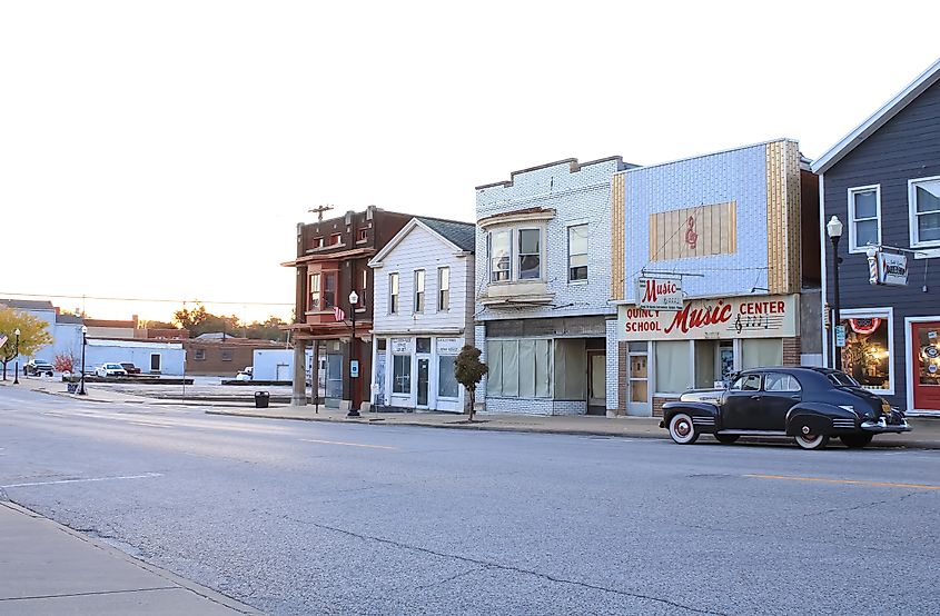 Downtown Quincy, Illinois, with local businesses.