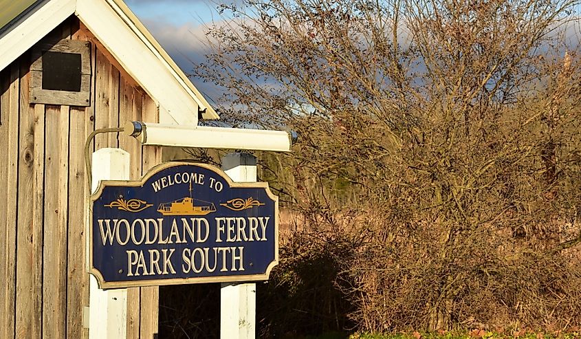 Historic iconic sign for the Woodland Ferry, which connects Laurel to Seaford, Delaware