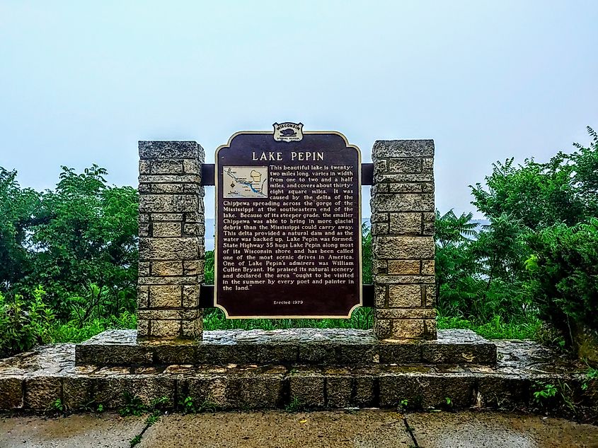 A landmark sign for historic Lake Pepin in Pepin, Wisconsin