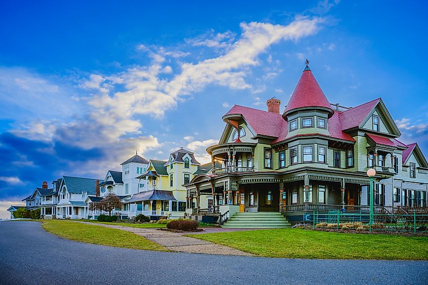 Oak Bluffs skyline at sunrise with landmark houses and a dramatic winter cloudscape over Ocean Park on Martha's Vineyard, Massachusetts