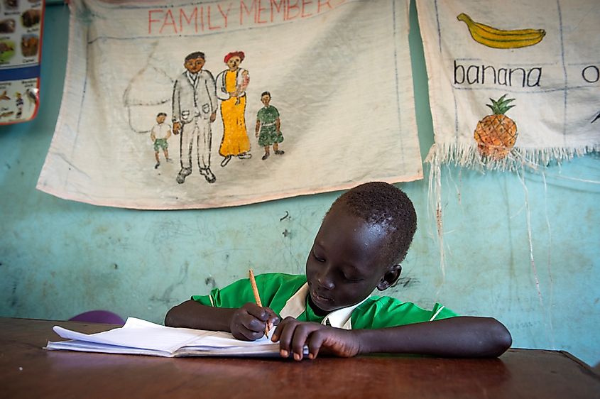 A young girl is seen at school in Juba South Sudan, Shutterstock/Richard Juilliart