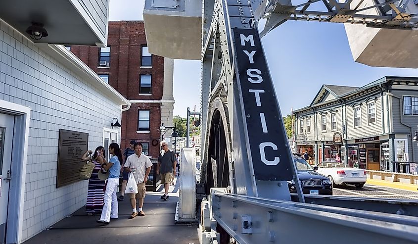 The Mystic bascule bridge spans the Mystic river, it carries foot traffic to the tourist district of town.