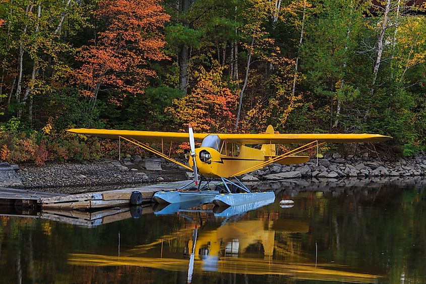 Closeup of a seaplane on Moosehead Lake in Greenville, Maine.