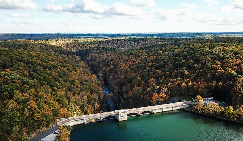 Aerial of Pretty Boy Reservoir Dam in Hampstead, Maryland during Fall