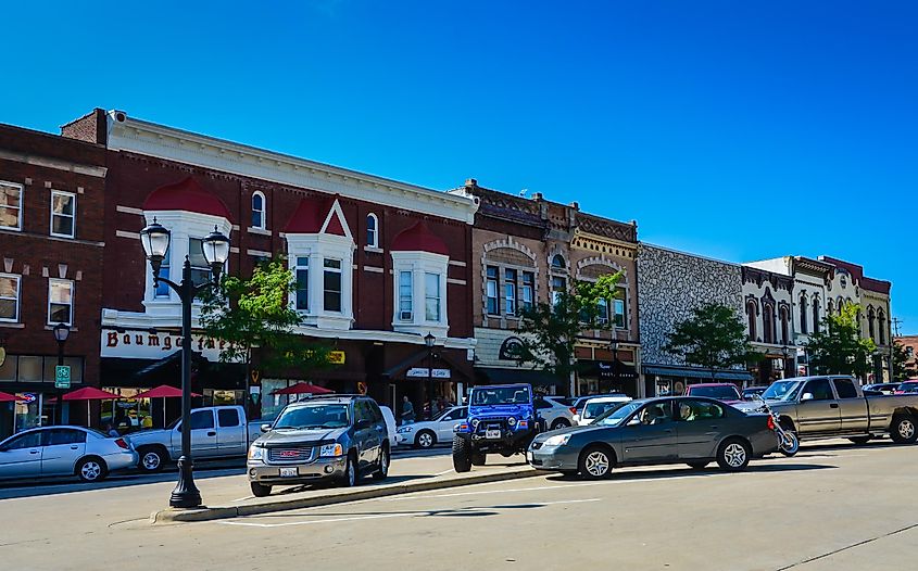 Lively street in Monroe, Wisconsin.