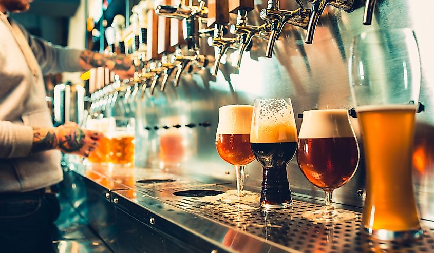 Hand of bartender pouring a large lager beer in tap.