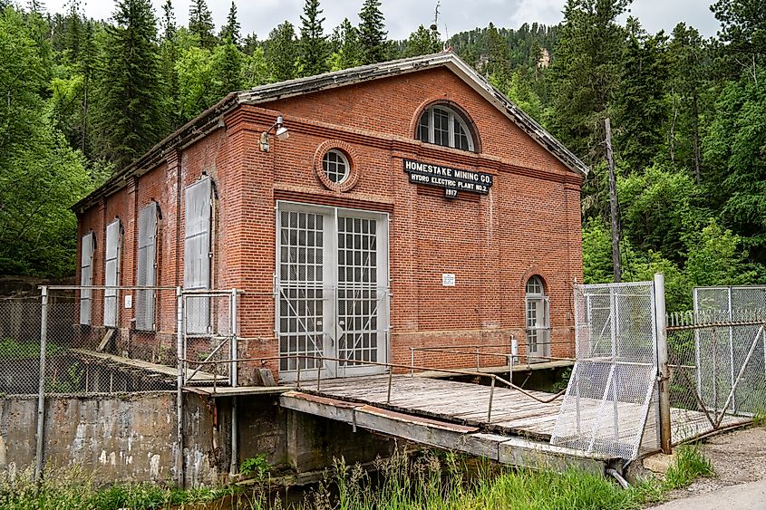 Brick exterior of the historical Homestake Mining Company electro plant located in Lead, South Dakota. 