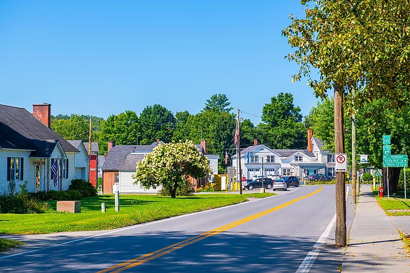 Rue Canusa Street is the only part of the Canada USA border runs down the middle of a street between Derby, Vermont, USA and Stanstead, Quebec, Canada. Editorial credit: Wangkun Jia / Shutterstock.com