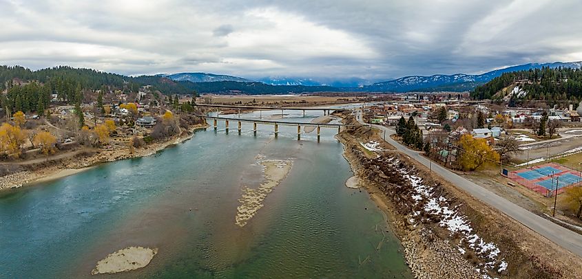 Bonners Ferry, Idaho, USA. Aerial Panoramic Overhead Sky View of City Kootenay River.