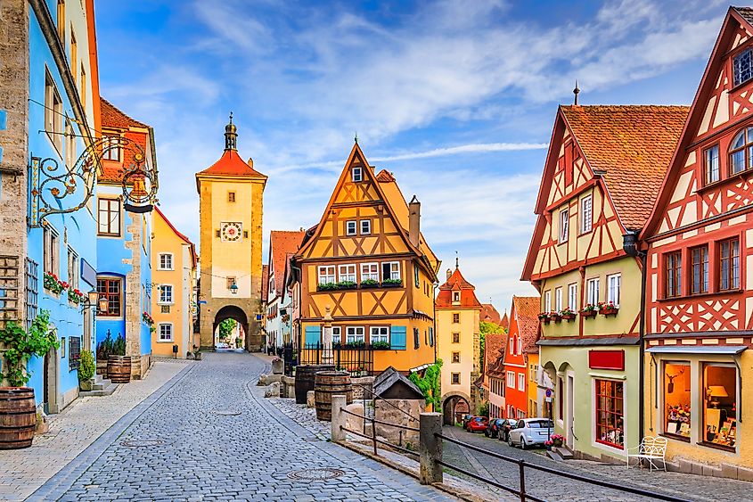 Medieval town of Rothenburg ob der Tauber on a summer evening.