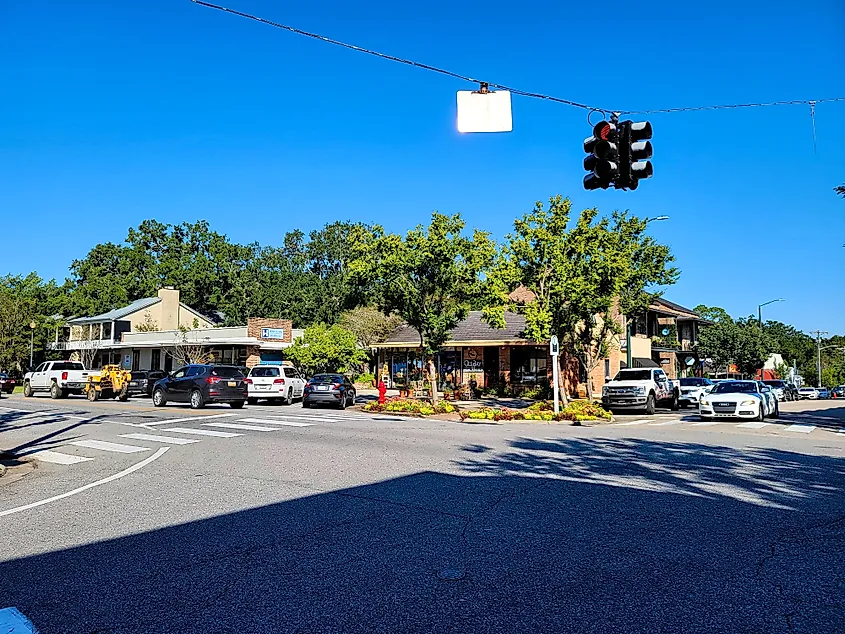 The historic downtown of Fairhope, Alabama.