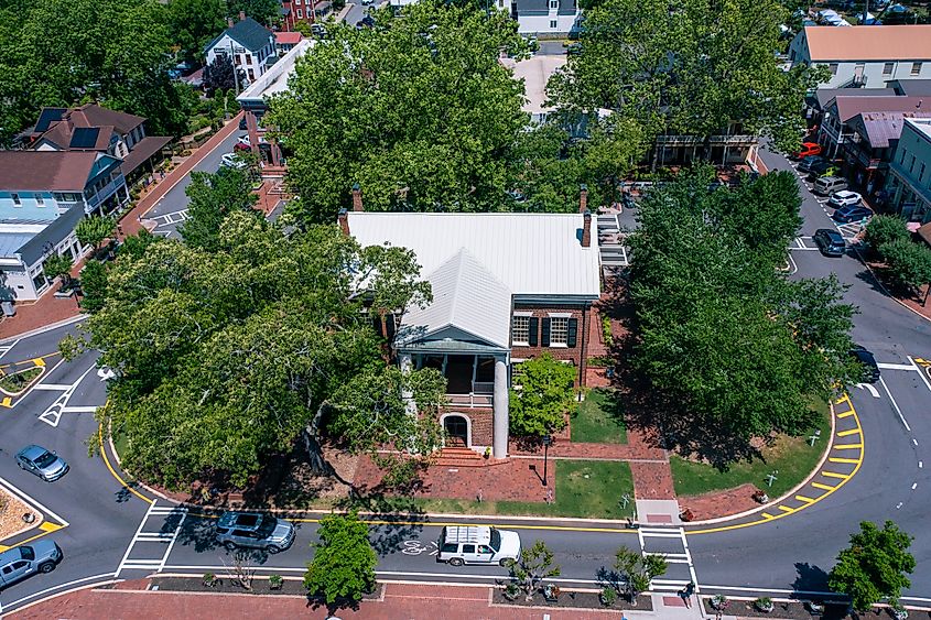 Aerial view of the Dahlonega Gold Museum in the central square of Dahlonega, Georgia