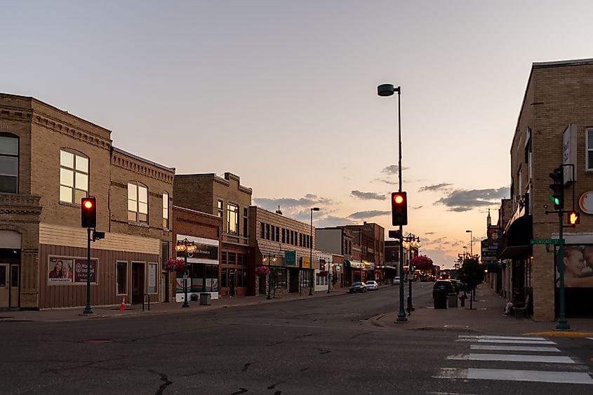 Commercial buildings in downtown Fergus Falls, Minnesota on a summer evening