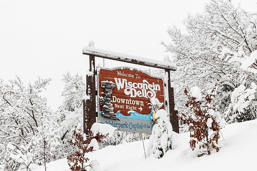  A Welcome to Wisconsin Dells sign in Wisconsin Dells, Wisconsin.