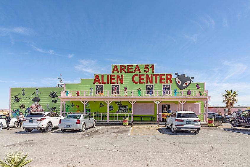 Area 51 Alien Center convenience store and gas station on highway from Vegas to Death Valley with alien decor. Pahrump, Nevada. Editorial credit: travelview / Shutterstock.com