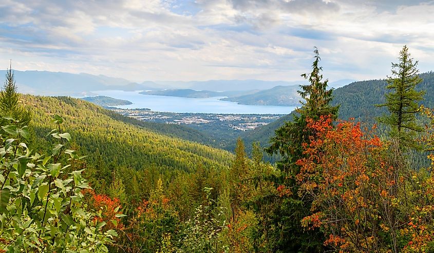 Panoramic wide angle view from Schweitzer Mountain of the towns of Kootenai, Ponderay and Sandpoint, Idaho, along the shores of Lake Pend Oreille, in Sandpoint, Idaho.