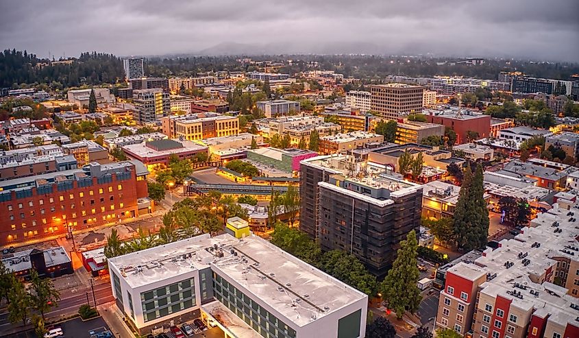 Aerial View of Downtown Eugene, Oregon on a Cloudy Morning