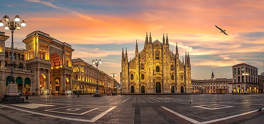 Duomo square and Milan Cathedral at sunrise, Italy.