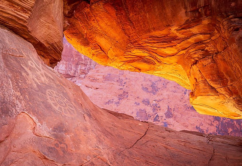 Petrolglyphs at Atlatl Rock in Valley of Fire State Park in Nevada.