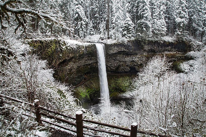 Wide-angle view of South Falls at Silver Falls State Park after a snowstorm in Silverton, Oregon.