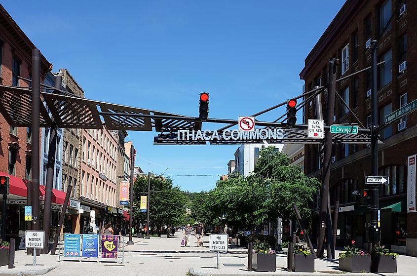 Ithaca Commons, a two-block pedestrian mall in the Downtown Ithaca business improvement district in Ithaca, New York.