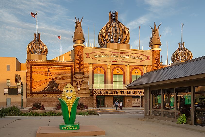 The Corn Palace in Mitchell South Dakota, USA. Every year a new mural of a different theme is constructed of corn and other grains. Editorial credit: Johnnie Laws / Shutterstock.com