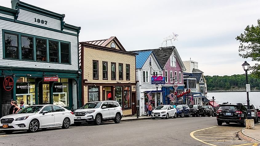 Buildings along Main Street in Bar Harbor, Maine.