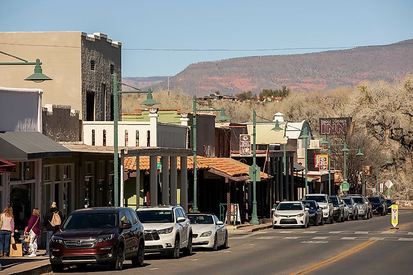 Main Street in Cottonwood, Arizona, lined with local businesses