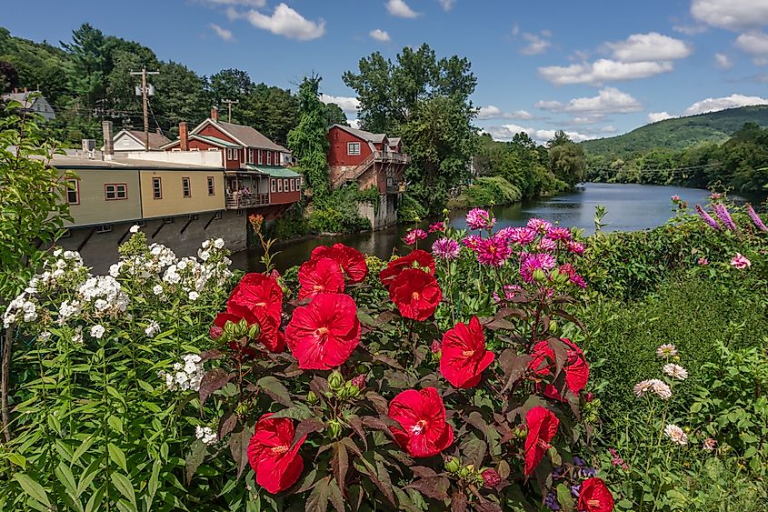 View of the picturesque town of Shelburne Falls, Massachusetts.