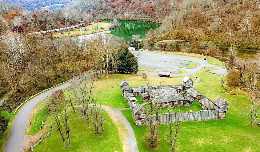 Aerial View of Prickett's Fort State Park, Originally served as a refuge from Native American war parties.