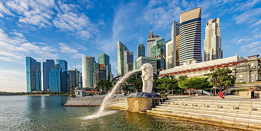 View of the Merlion statue in Marina Bay in Singapore.