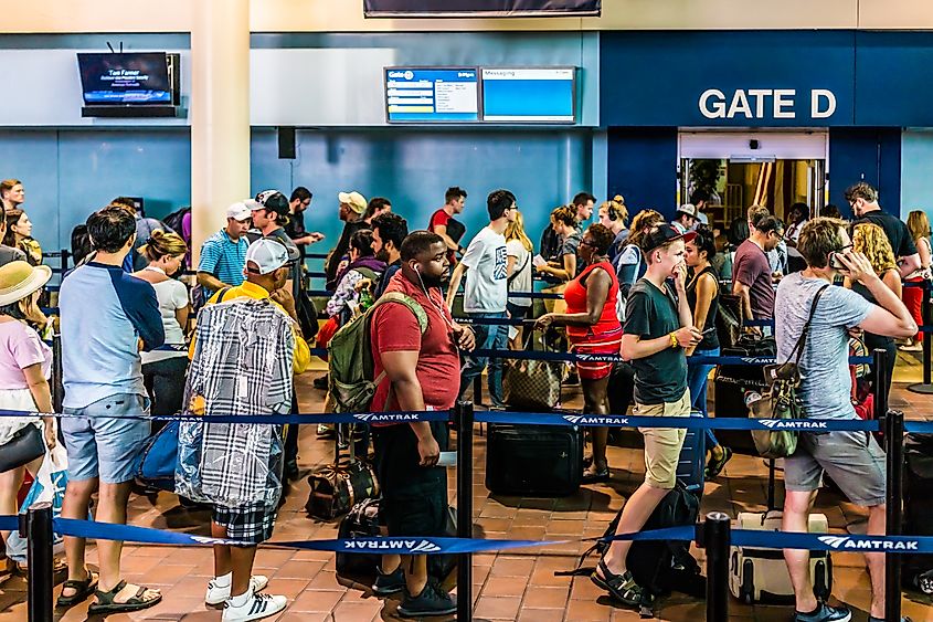 People in line at Union Station for an Amtrak.