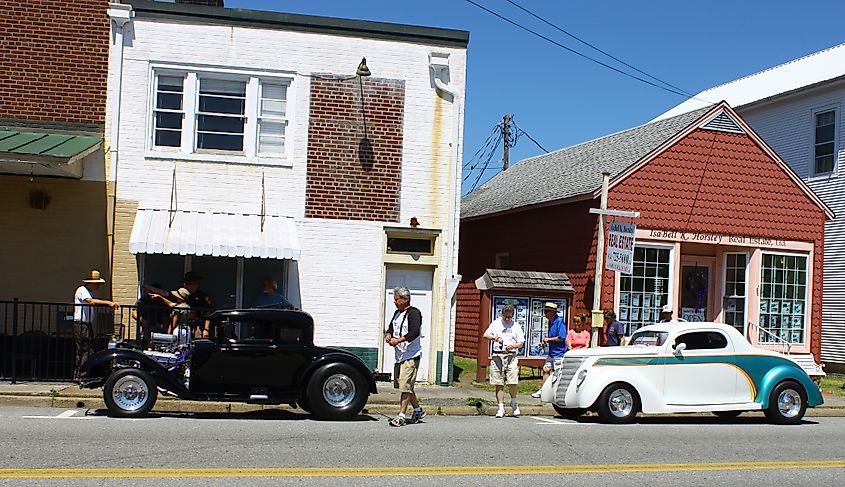 Two vintage hot rods at the Chasing Pavement Vintage Automotive Festival in Mathews, Virginia.