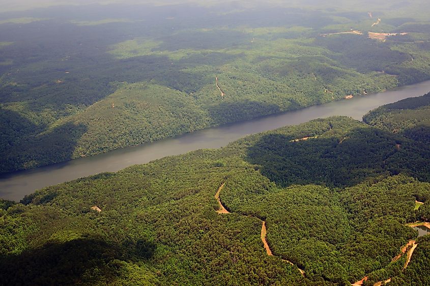 Aerial view of the Black Warrior River from which the town derives its name.
