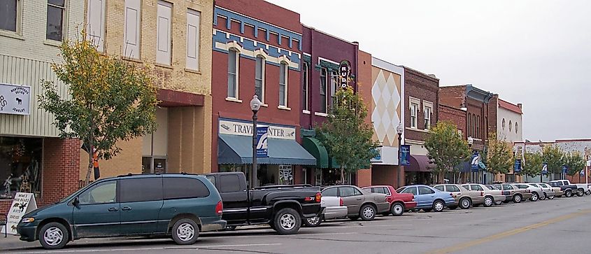 Brick buildings along Commercial Street in Atchison, Kansas.