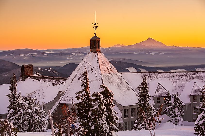 Timberline Lodge on Mt. Hood in Oregon, with Mount Jefferson visible in the background