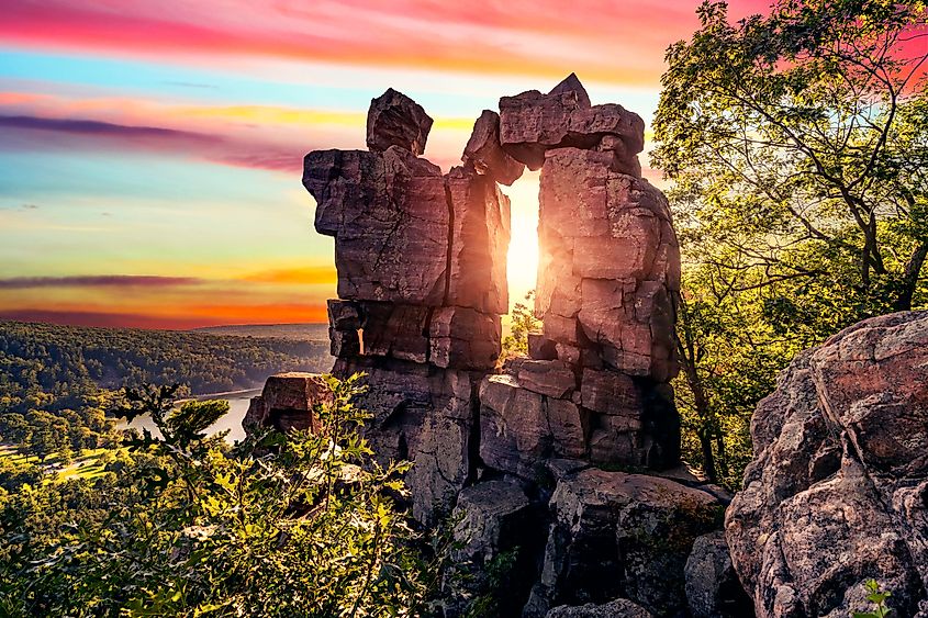Sunset through Devil's Doorway at Devil's Lake State Park in Baraboo, Wisconsin.