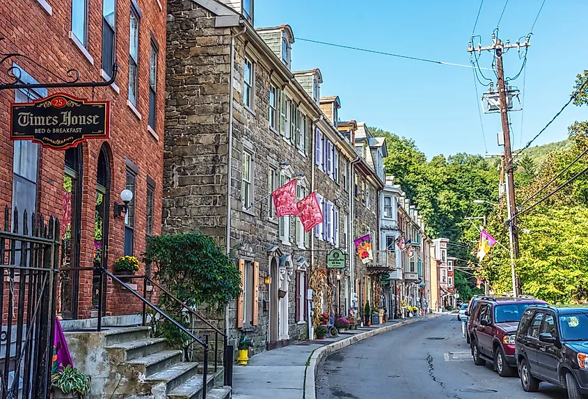 Historic row homes with shops on Race Street in Jim Thorpe, Pennsylvania.